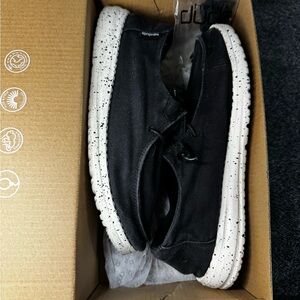 Hey Dude Black Mules with White Speckled Soles